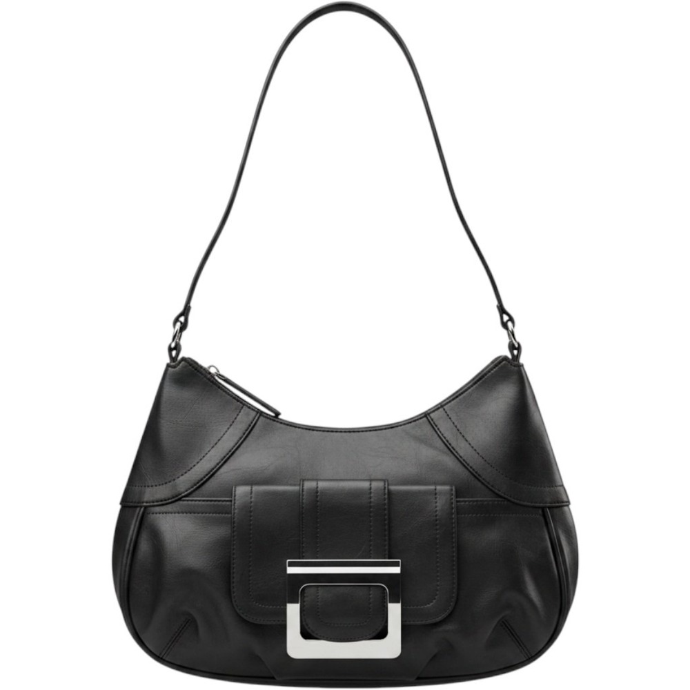 Vintage Black Faux Leather Shoulder Bag Silver Buckle Hobo Purse